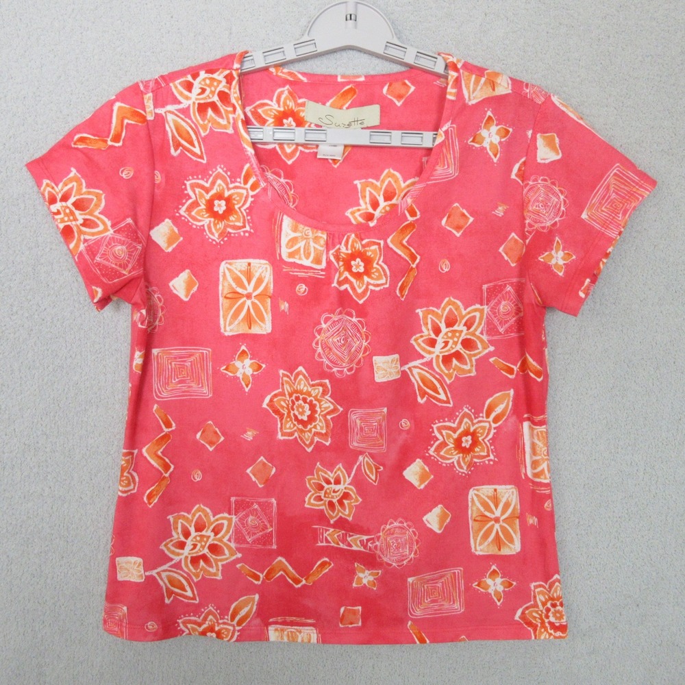 Suzette Womens Blouse Coral Floral Print Short Sleeve Casual Made in USA Size M